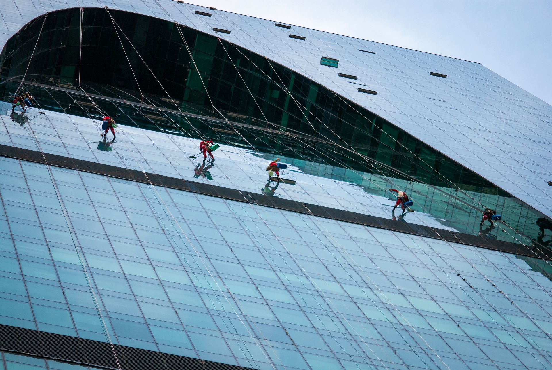 Group of industrial climbers washing glass office