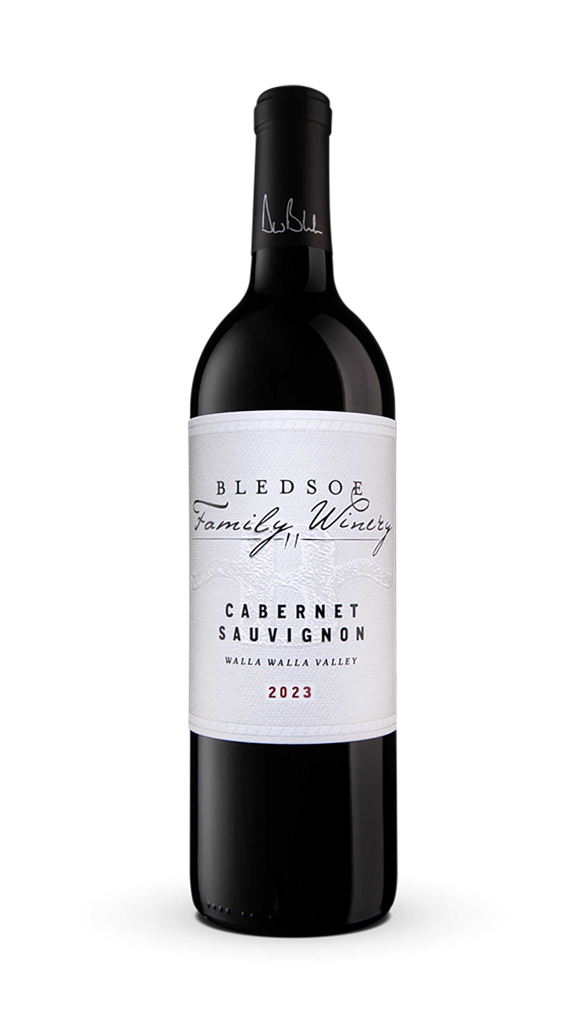 Bottle of red wine with a white label on a plain background
