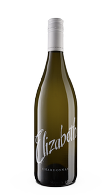 Elizabeth Chardonnay wine bottle with a silver cap and dark label on a white background