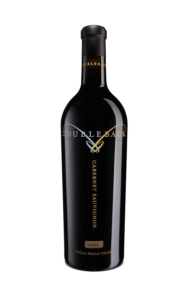 Black wine bottle with gold label and accents on a white background