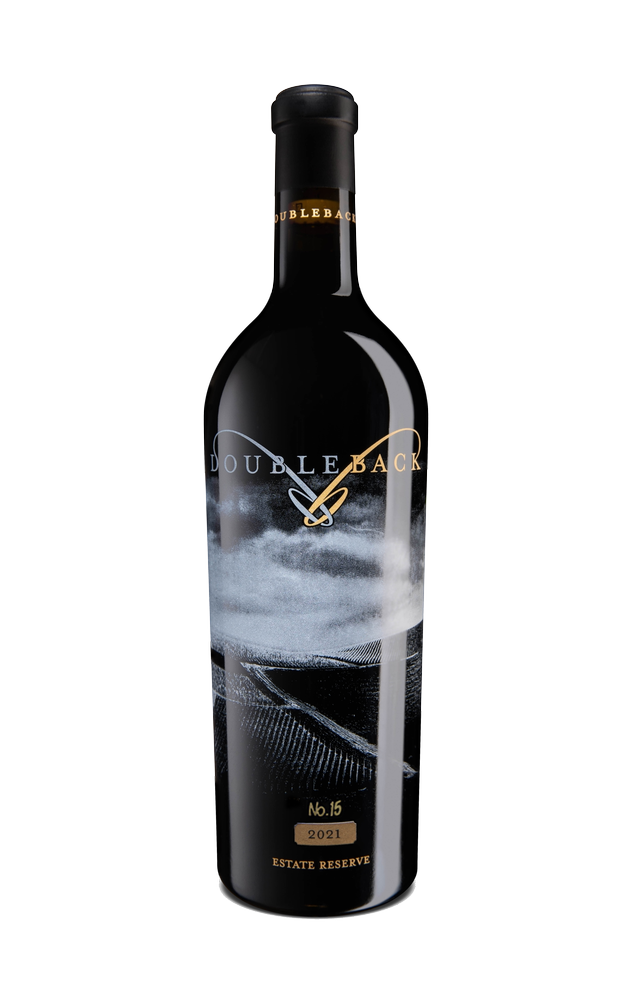 Black wine bottle with gold label and white smoke-like graphic on a plain white background
