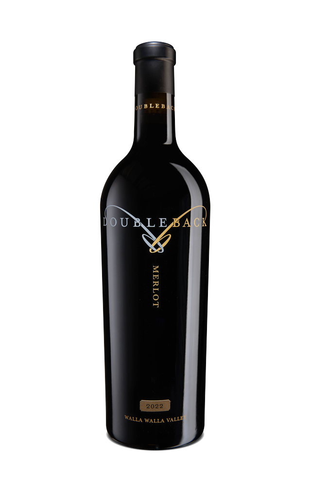 Black wine bottle with gold label and neck detail on a white background