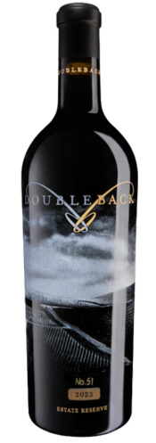 Black bottle of wine with a snowy mountain label and gold lettering on a white background