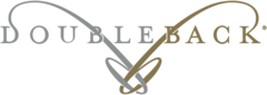 Doubleback logo with gray and gold stylized heart and script text on white background