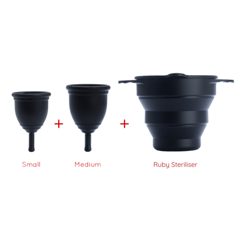 There are three different sizes of menstrual cups and a ruby sterilizer.