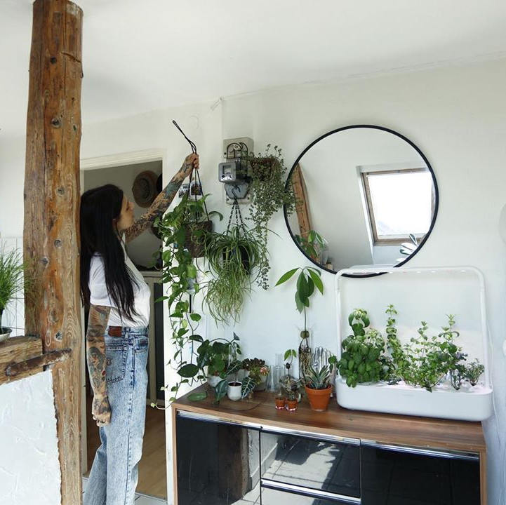 A woman is standing in a room with a Click & Grow Indoor Garden, plants and a mirror