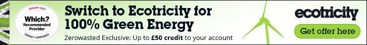 A banner that says switch to Ecotricity for 100 % green energy and £50 credit to your account