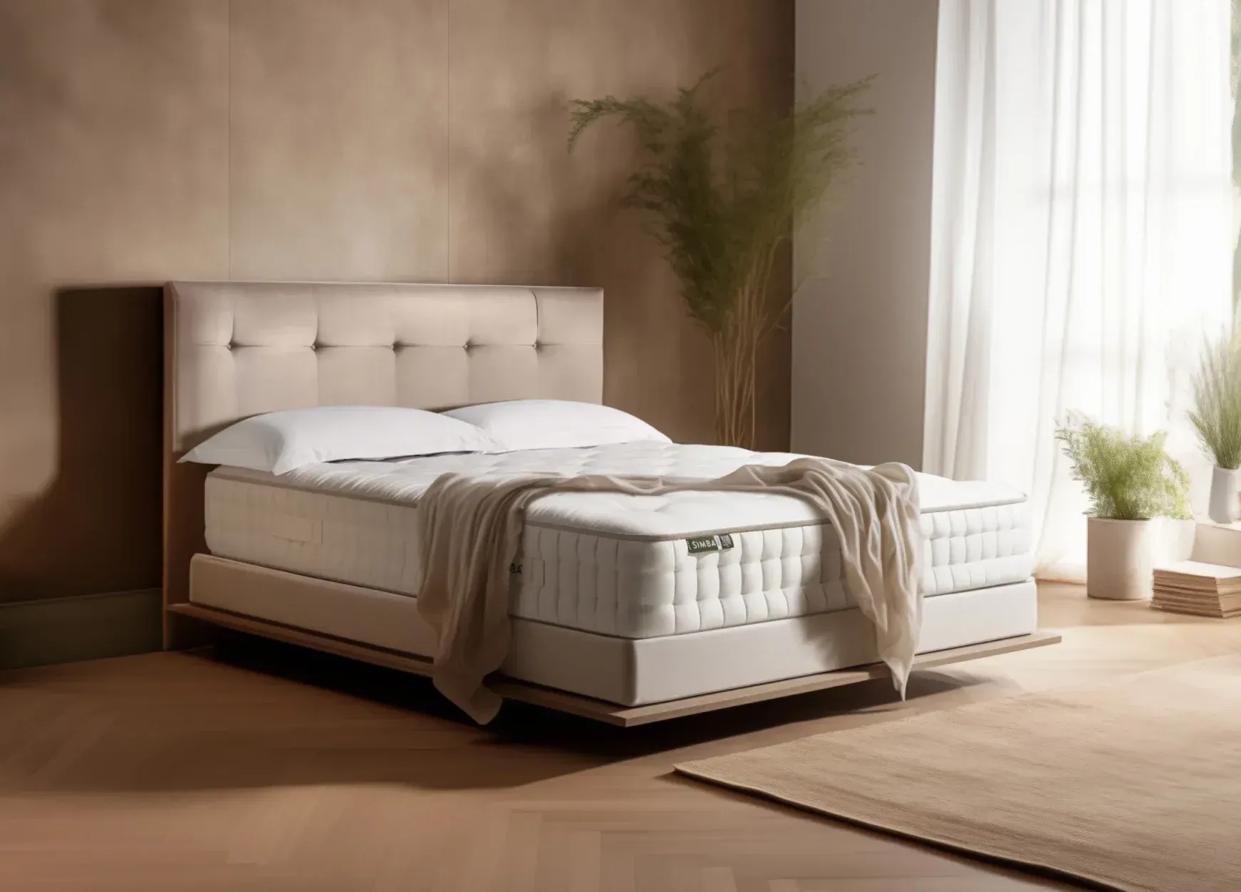 A bed with a mattress and pillows in a bedroom.