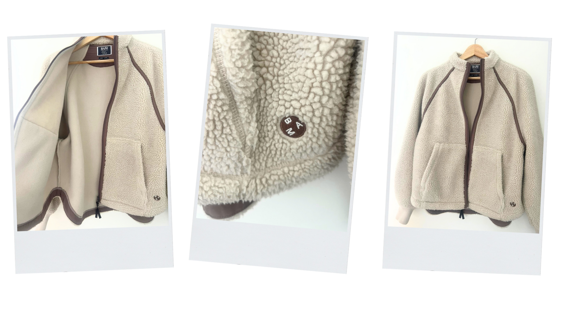 Three photos of a beige sherpa fleece jacket with brown trim, zipper, and a logo patch. The jacket is shown open, closed, and close-up.