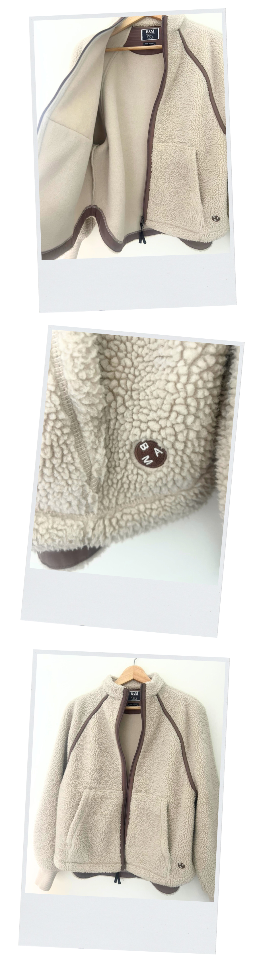 Three photos of a beige sherpa fleece jacket with brown trim, zipper, and a logo patch. The jacket is shown open, closed, and close-up.