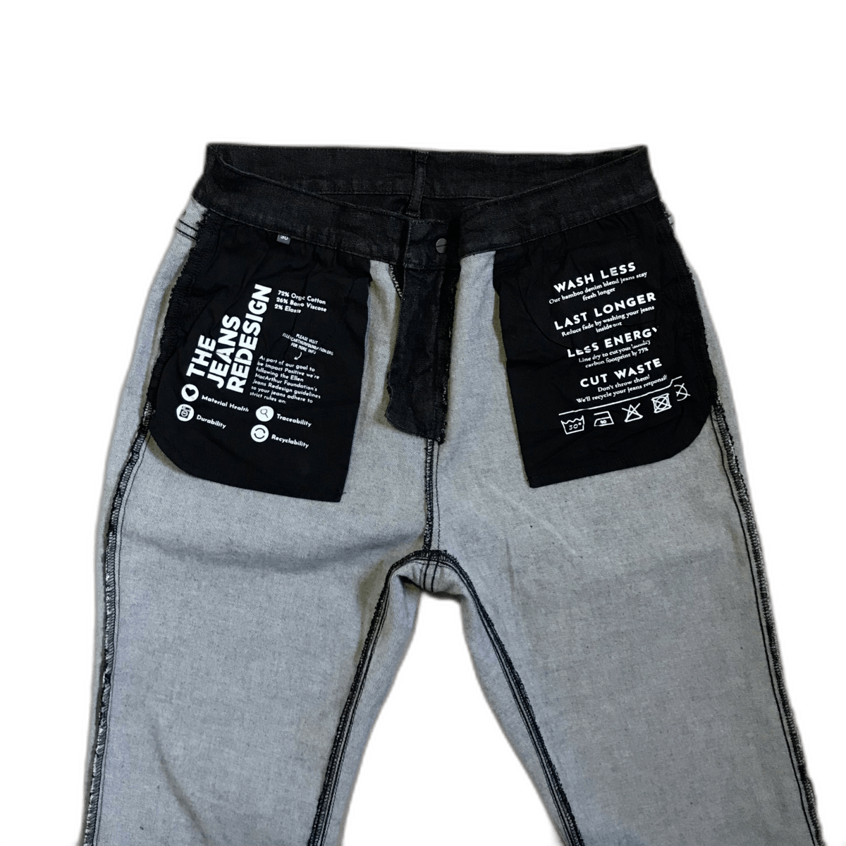 The inside of a pair of jeans has a label that says