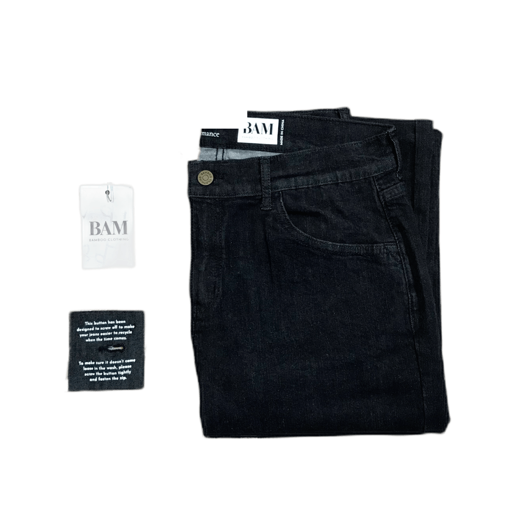 A pair of black jeans with a tag that says bam