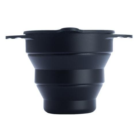 A black silicone funnel with two handles on a white background.