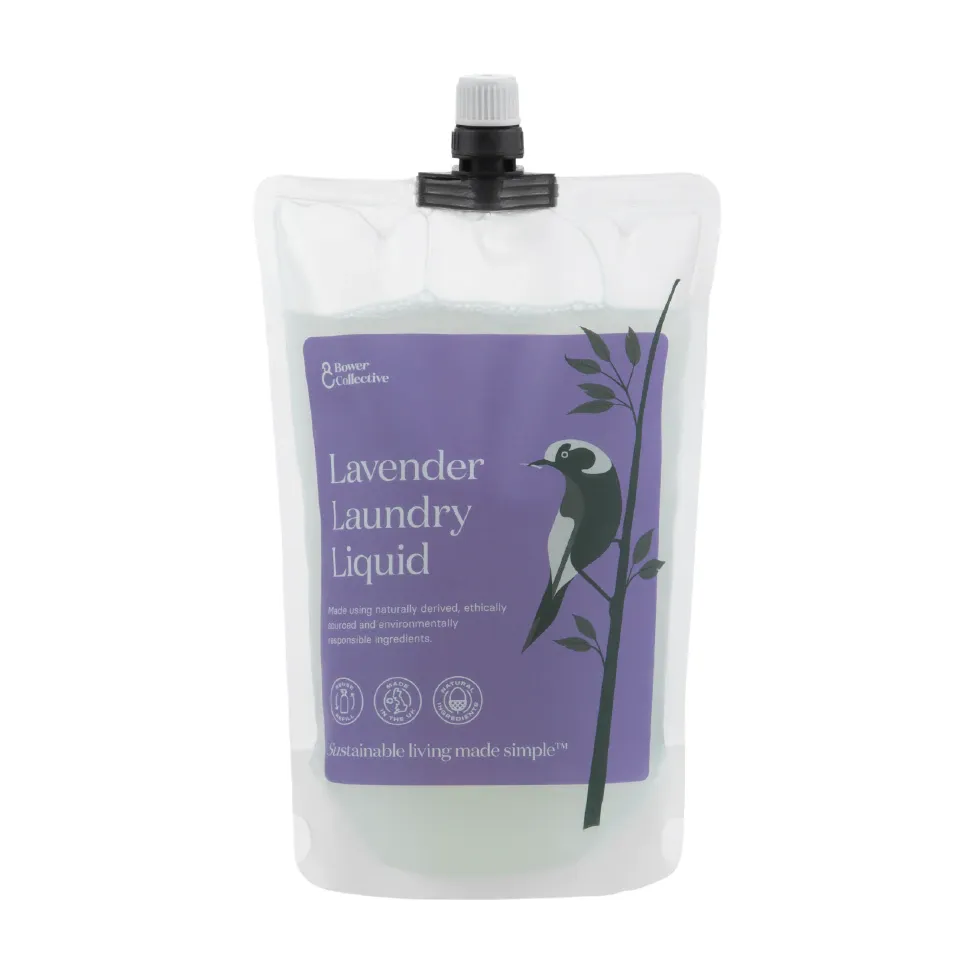 A refill pouch of Bower Collecrive lavender laundry liquid with a bird on it.