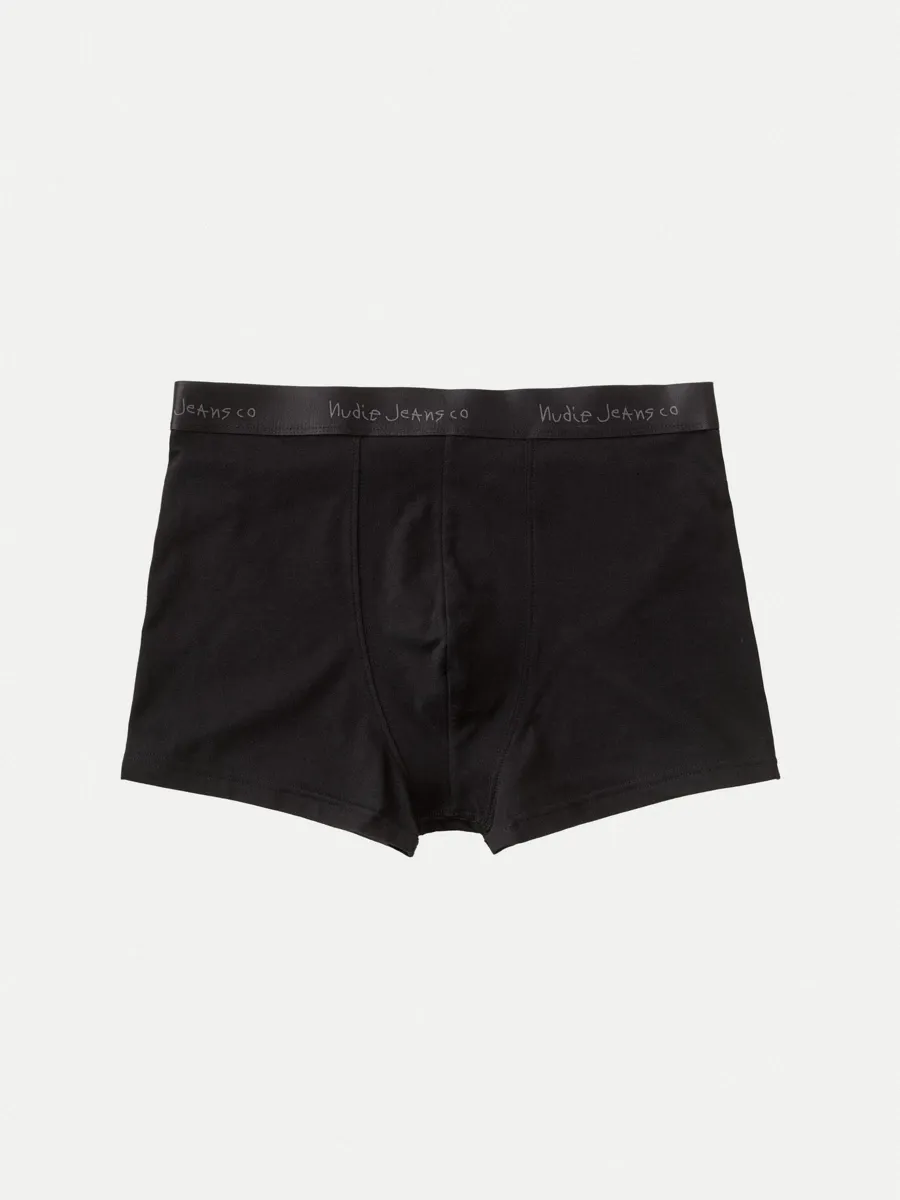 A pair of black boxer shorts on a white background.