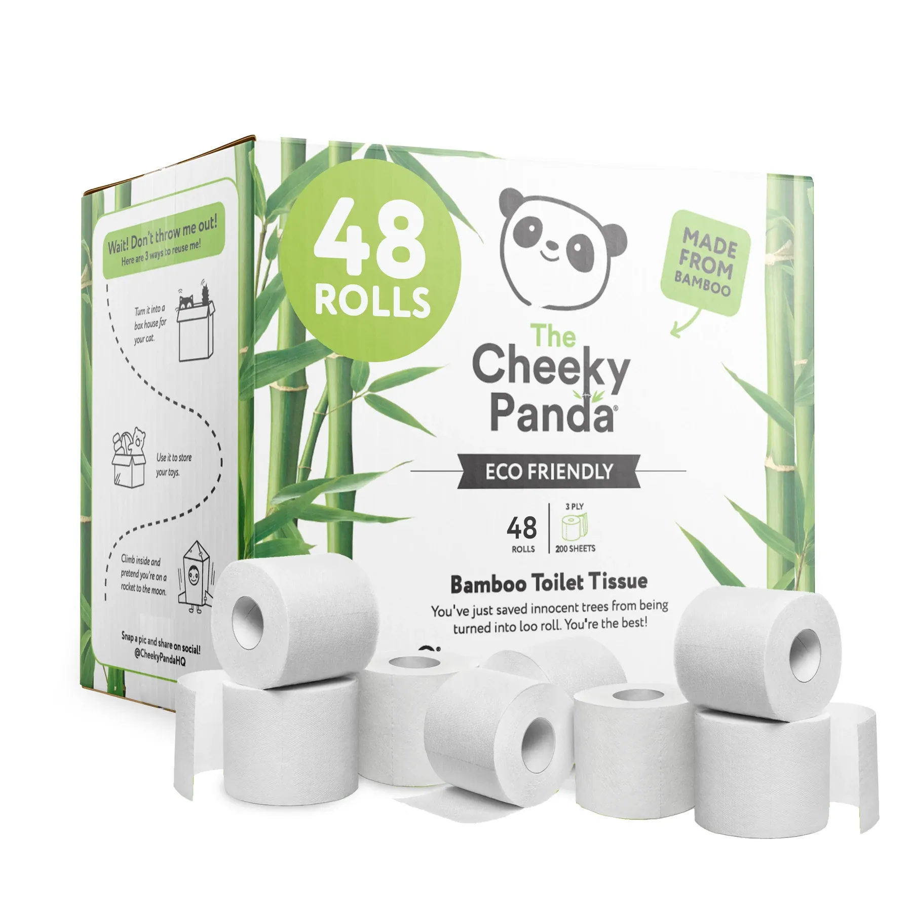 A box of 48 rolls of the cheeky panda bamboo toilet tissue