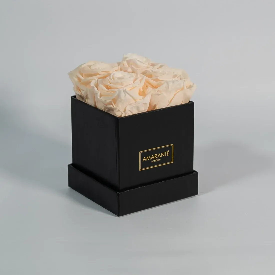 A black box filled with white roses on a white surface.