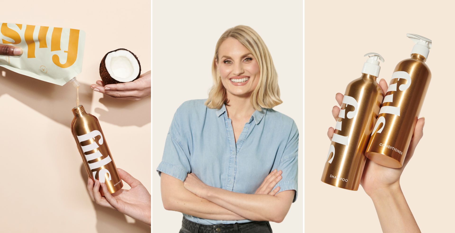 Anna Priadka, Founder of sustainable beauty brand Fiils stood next to a fiils refillable bottle 