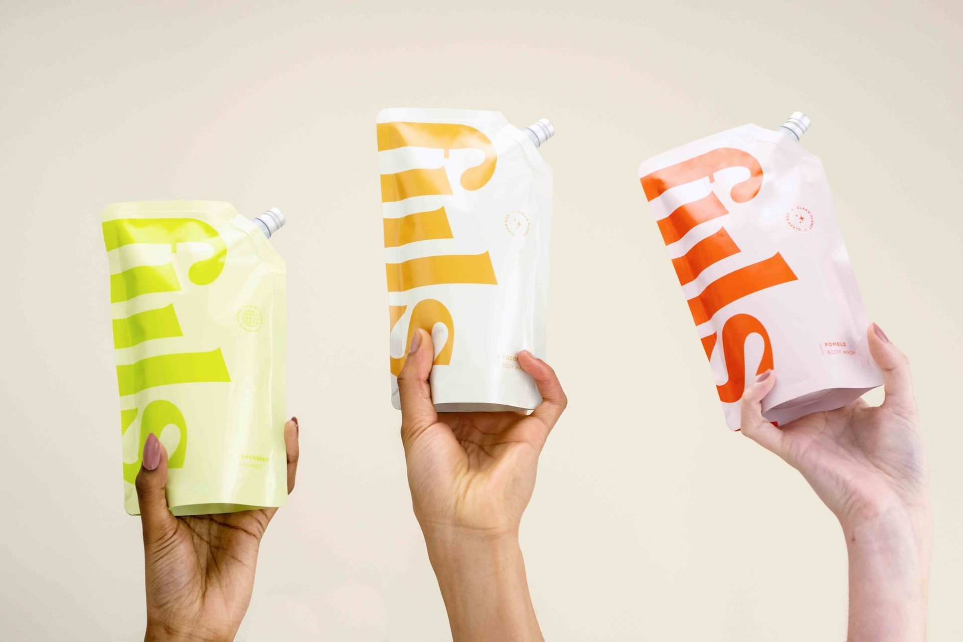 three different coloured refill pouches with the word fiils on them