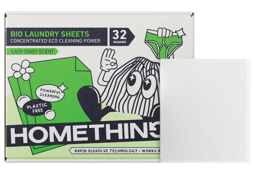 A box of homethings bio laundry sheets with a cartoon character on it.