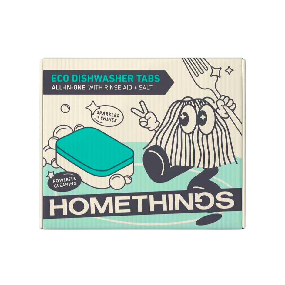 a box of homethings eco dishwasher tabs all in one with rinse aid and salt