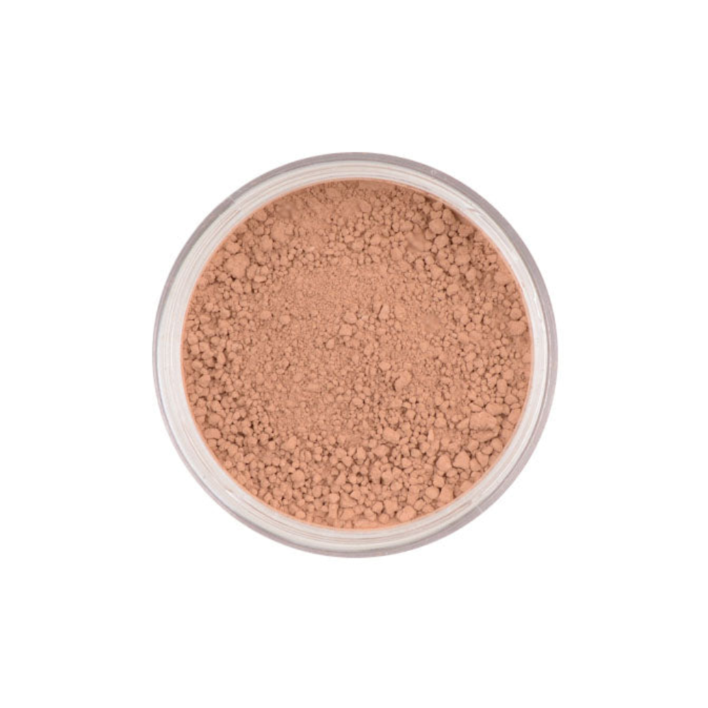 A round container filled with mineral bronzer on a white background