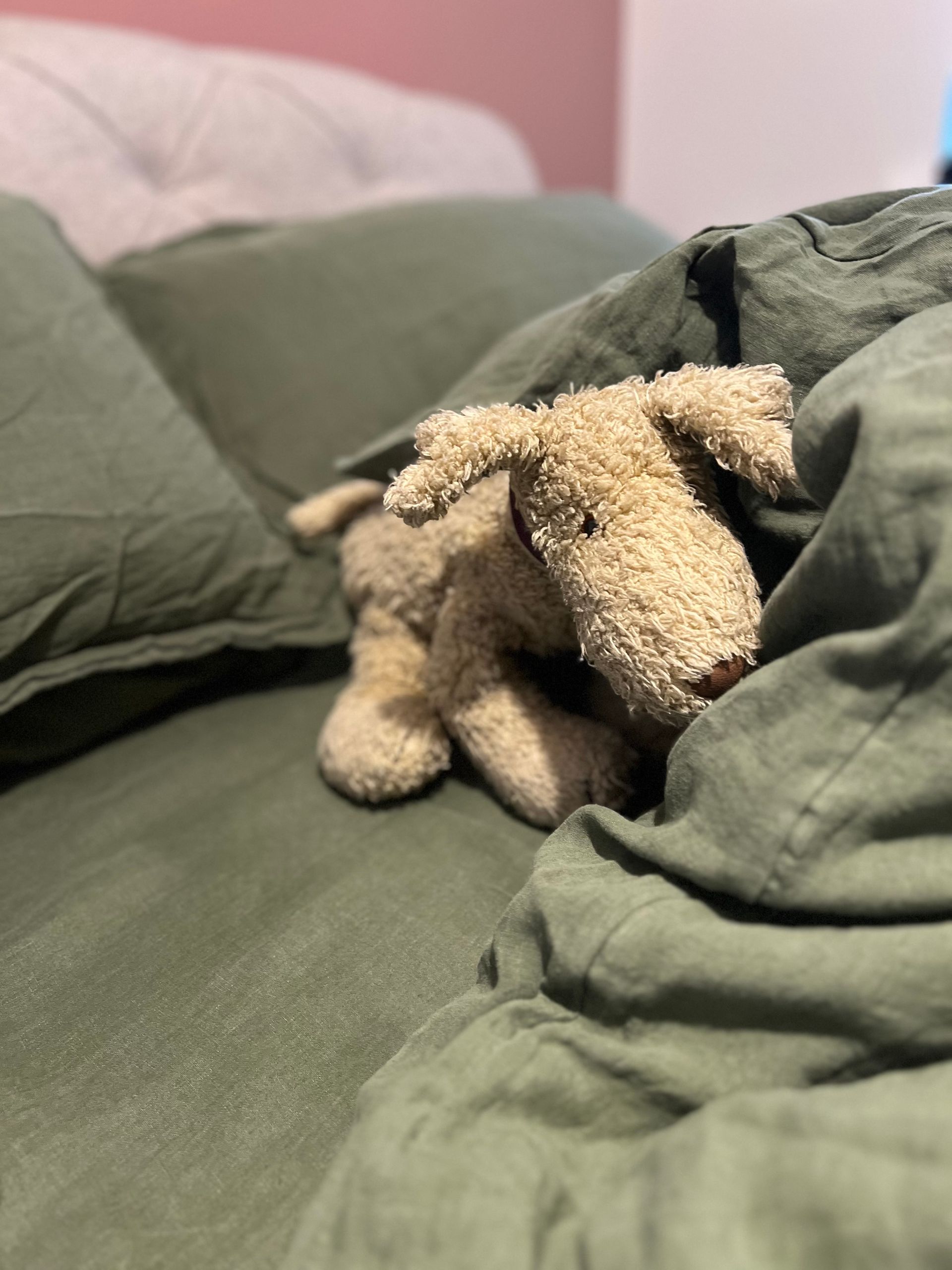A stuffed dog is laying on a bed with green sheets