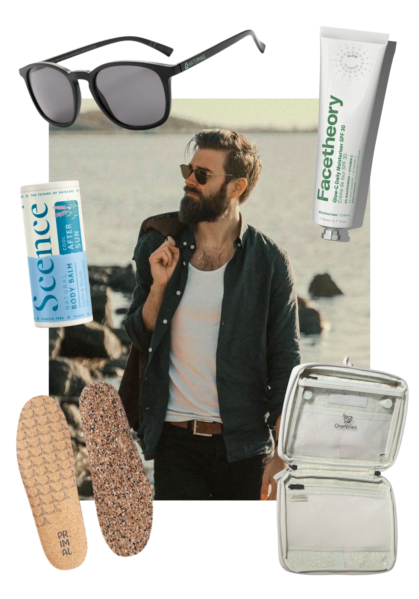 A man with a beard wearing sunglasses and a bottle of facetheory