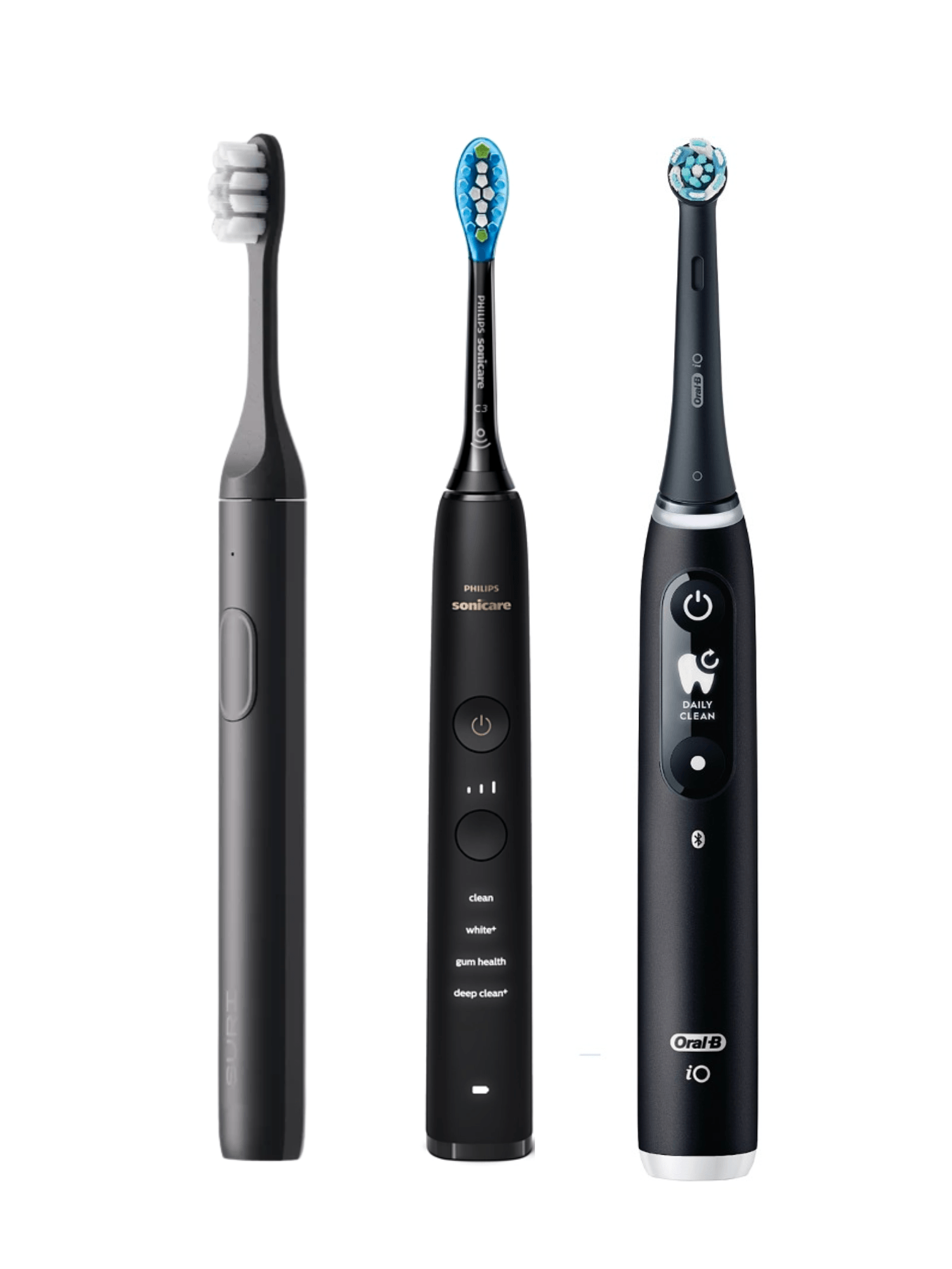 three electric toothbrushes are sitting next to each other on a white background .