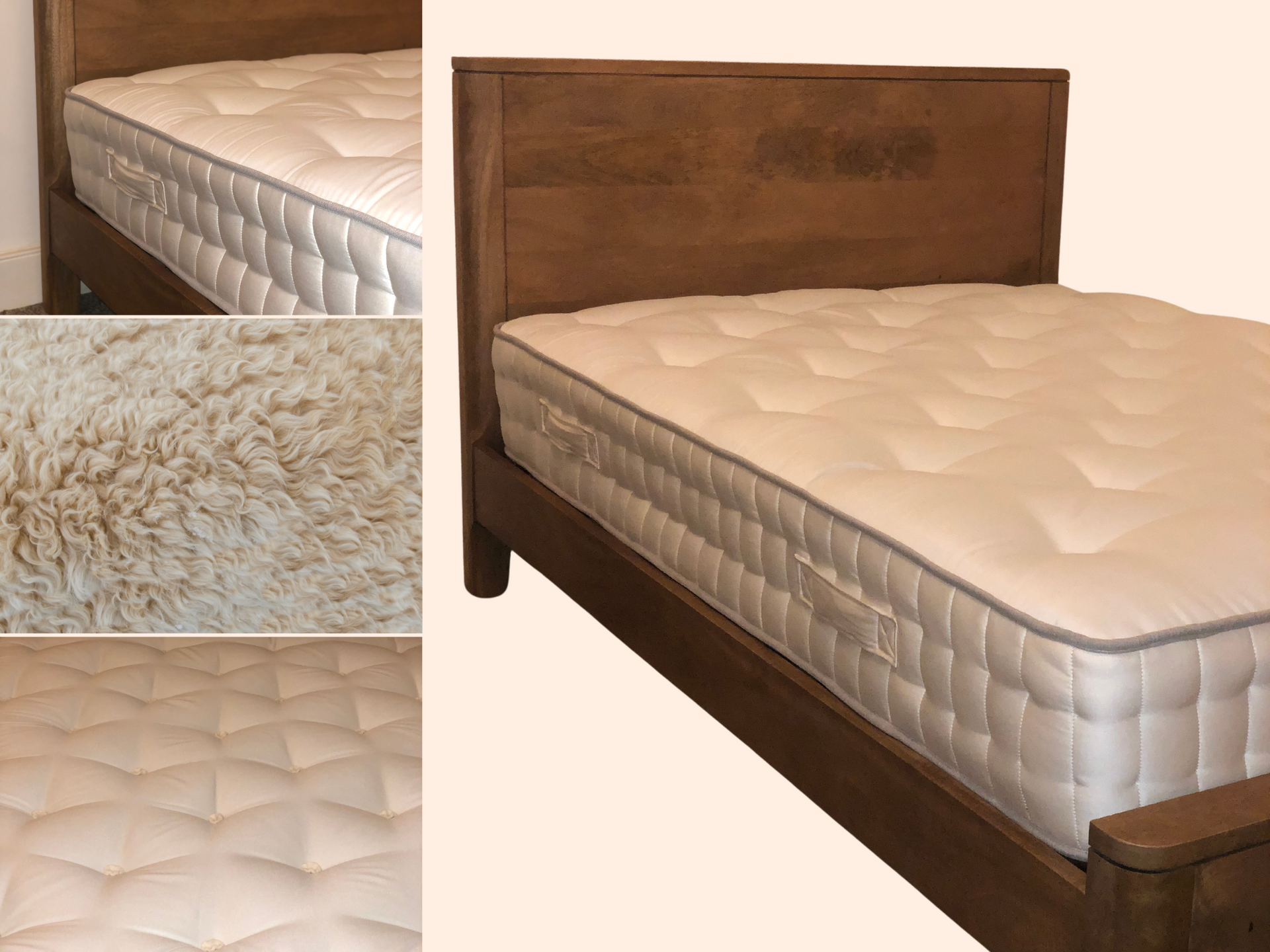 A bed with a wooden headboard and a white Earth mattress by Simba