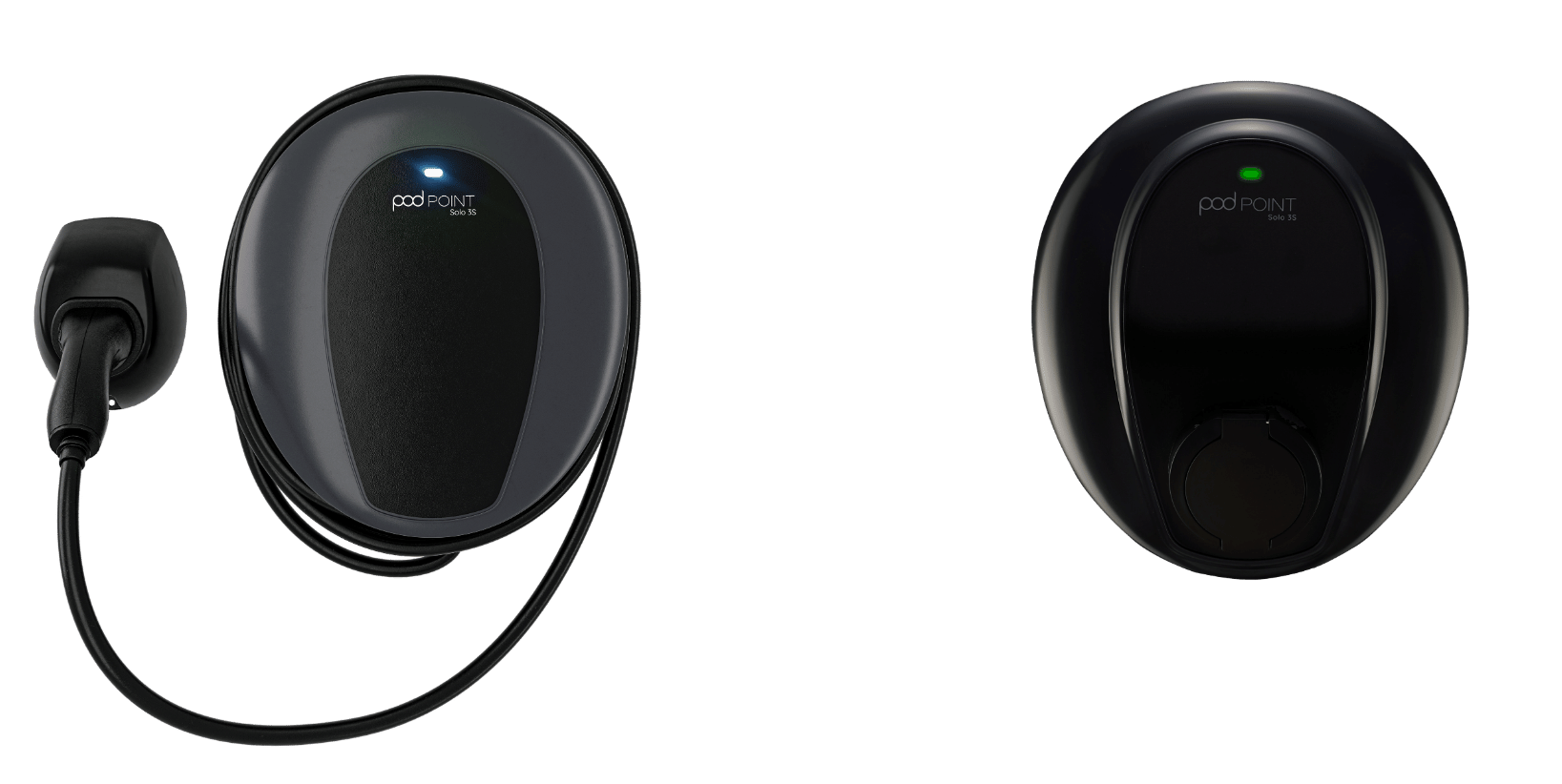 Two black Pod Point electric vehicle chargers. One with a cable and plug, the other without.