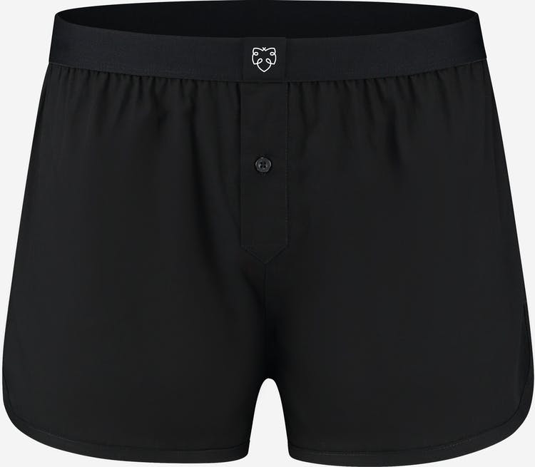 A pair of black boxer shorts with buttons on the front