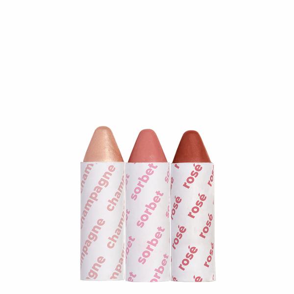 Three lipsticks with the word sorbet on them
