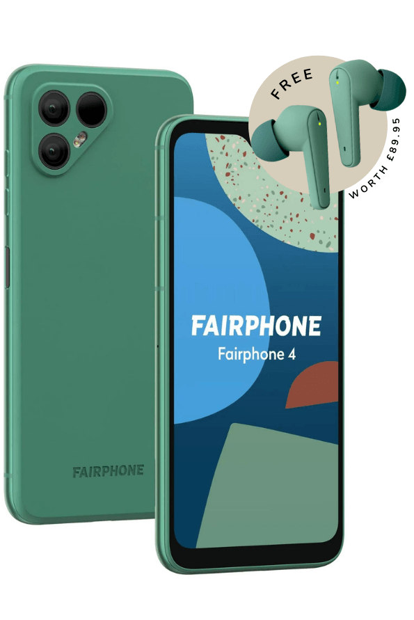 A green fairphone with a free pair of earbuds.