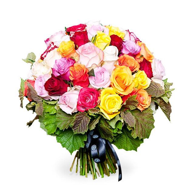 A bouquet of colorful roses with green leaves and a black ribbon