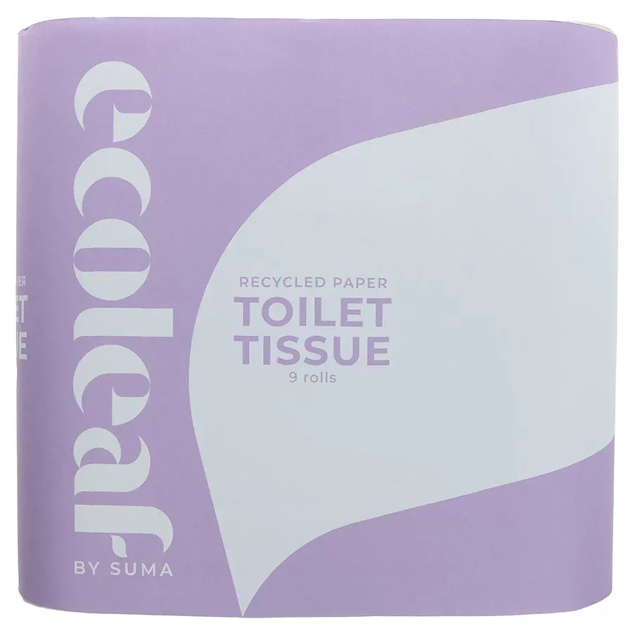 A roll of recycled paper toilet tissue is purple and white.