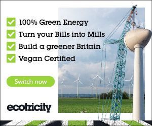 An advertisement for ecotricity that says switch to ecotricity for 100% green energy.