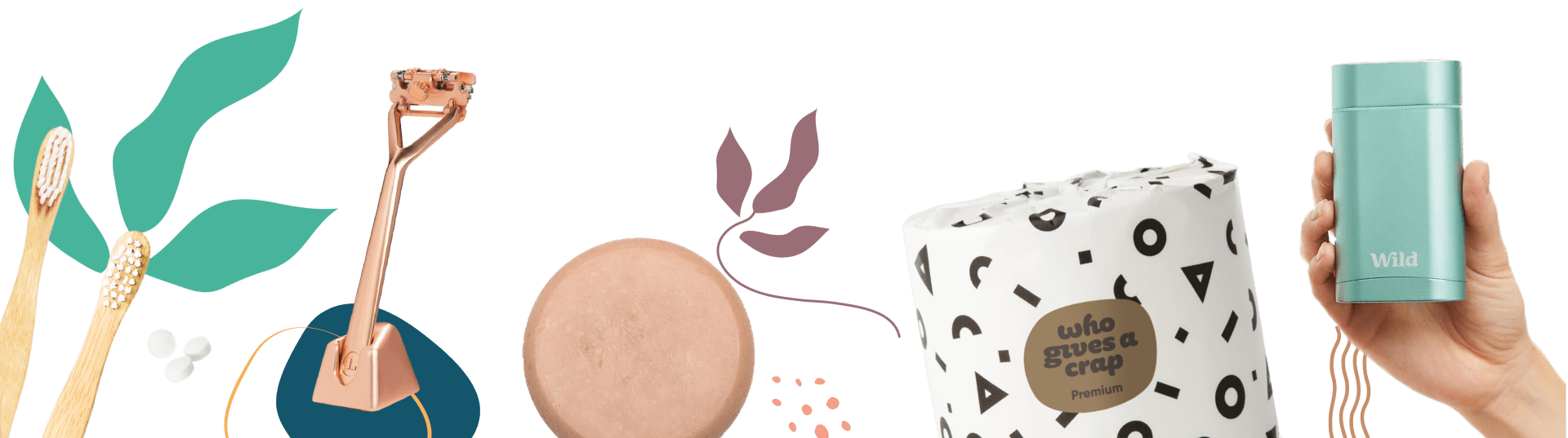 A selection of eco-friendly products such as razor, toilet paper and shampoo bar