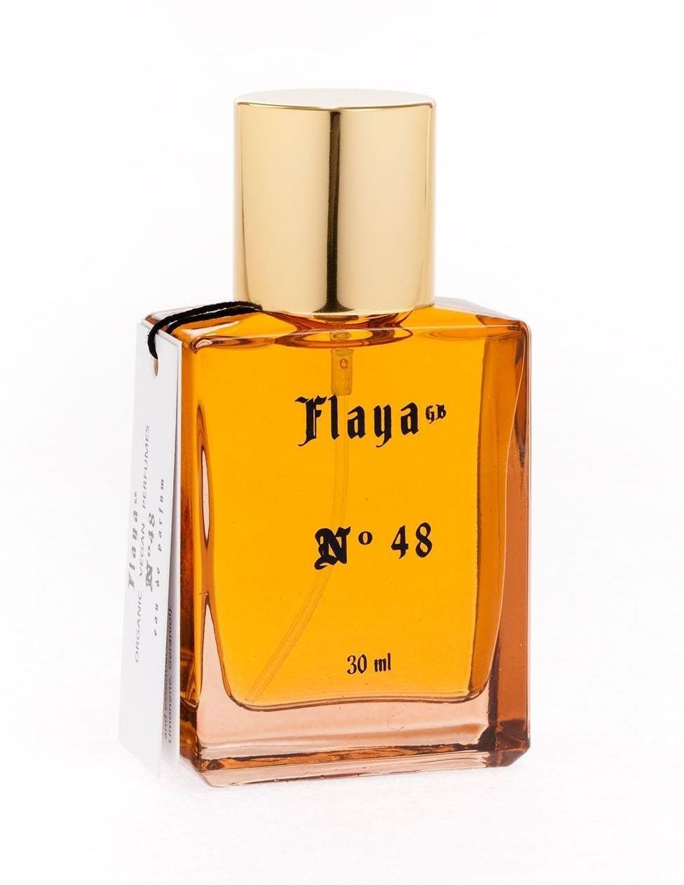 a bottle of flaya no. 48 perfume on a white background