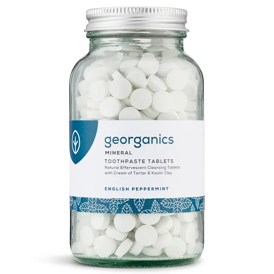 A jar of georganics mineral toothpaste tablets