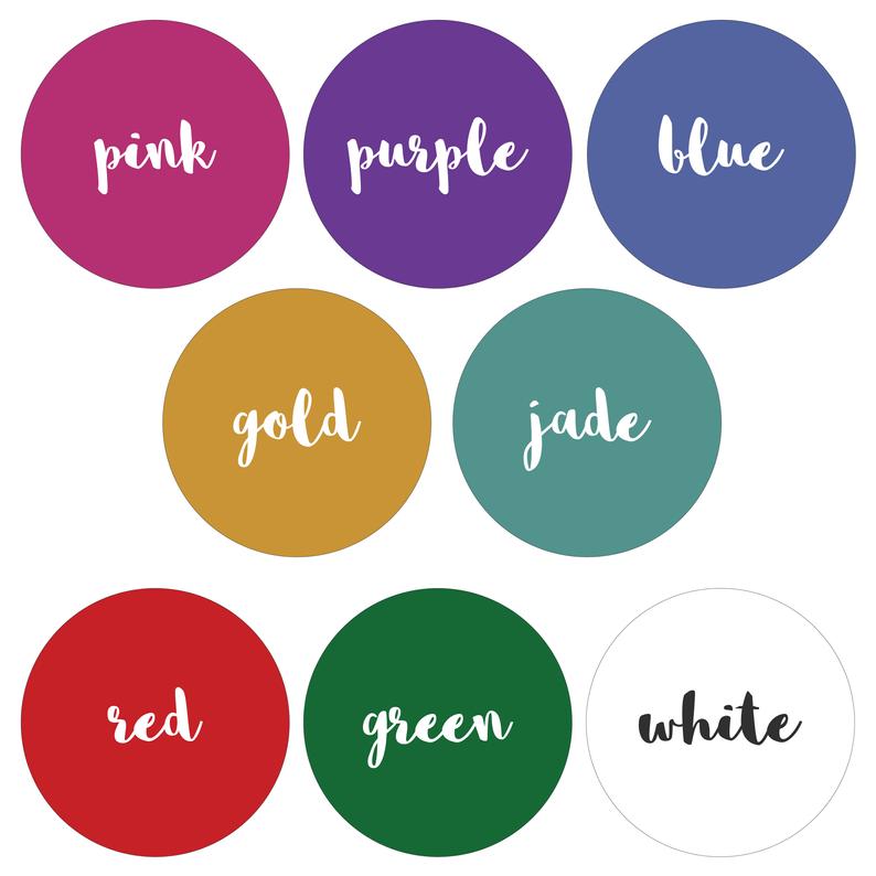 A set of circles with the words pink purple blue gold jade red green and white written on them.