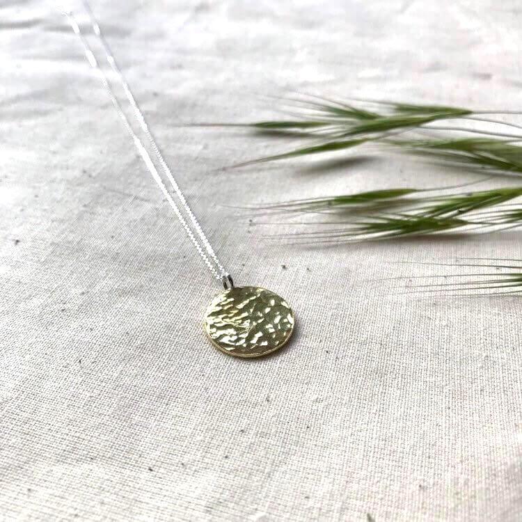 A brass pendant necklace is sitting on a table next to a plant.