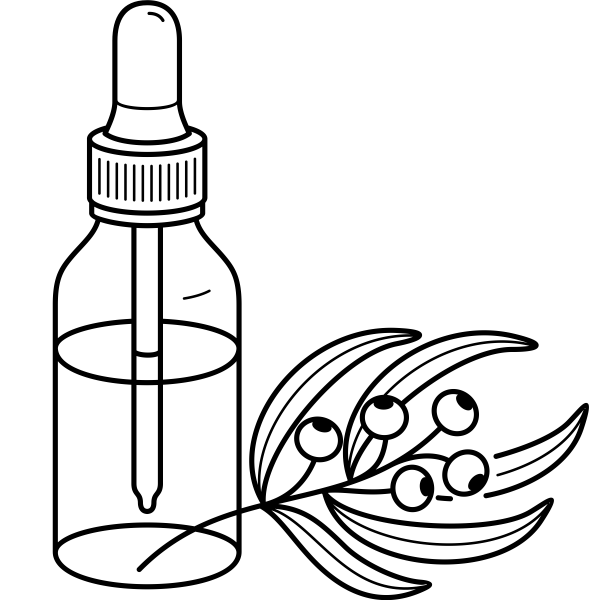 a black and white drawing of a bottle with a dropper and a plant .
