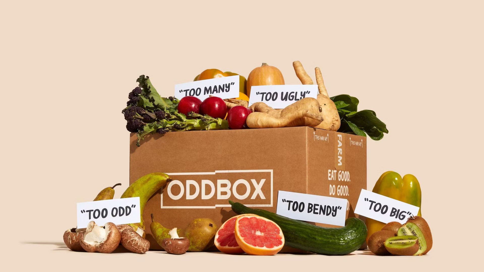 Cardboard Oddbox filled with oddly shaped produce, labeled 