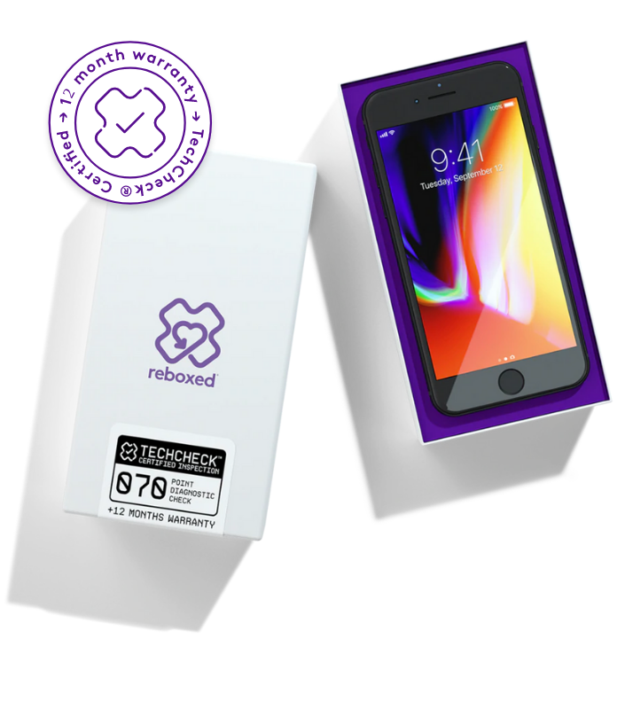 A white and purple box with a refurbished cell phone inside of it from Reboxed