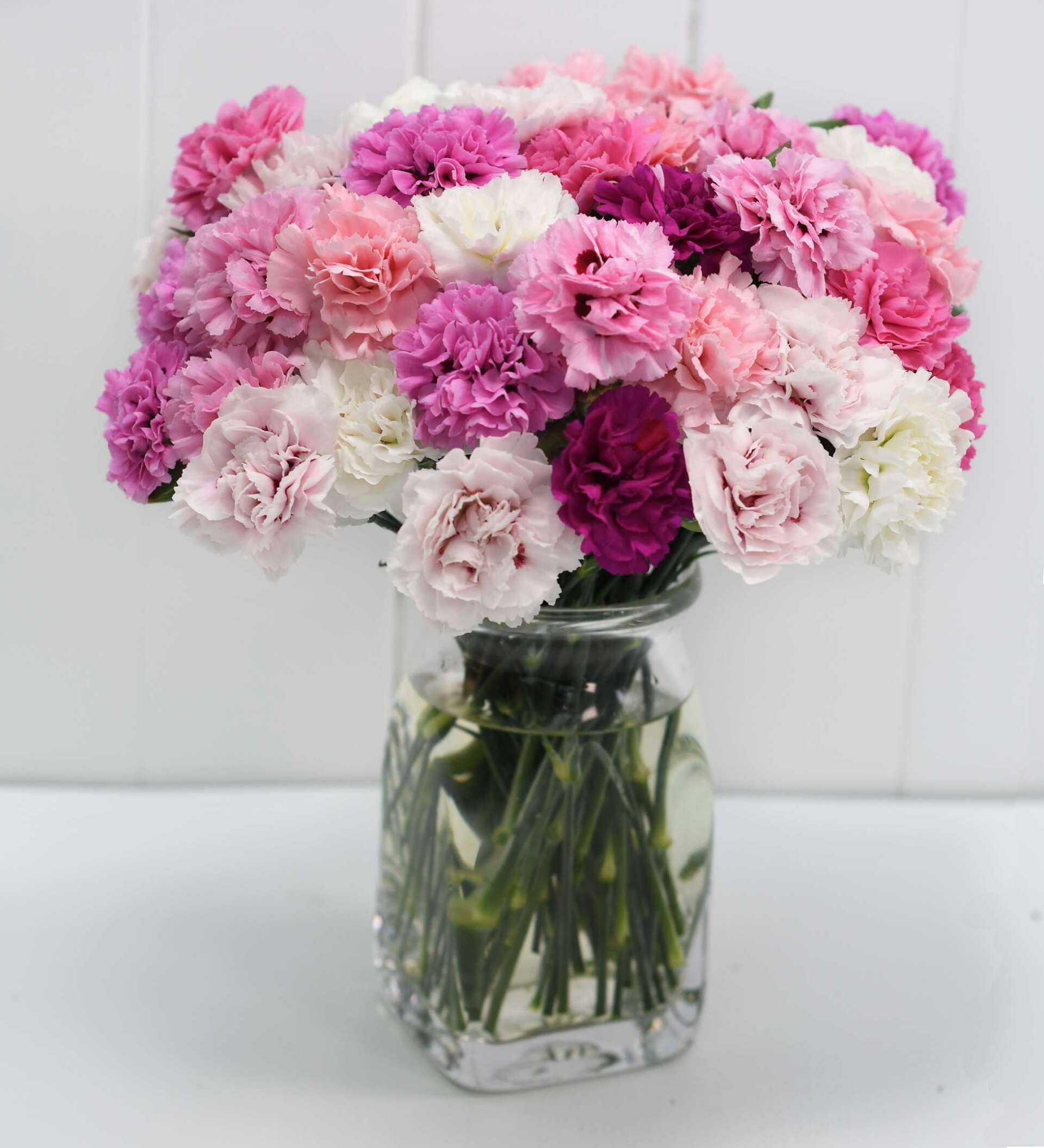 A vase filled with pink and purple flowers on a table.