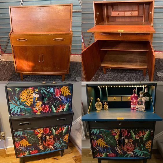A collage of four pictures of a dresser before and after being painted