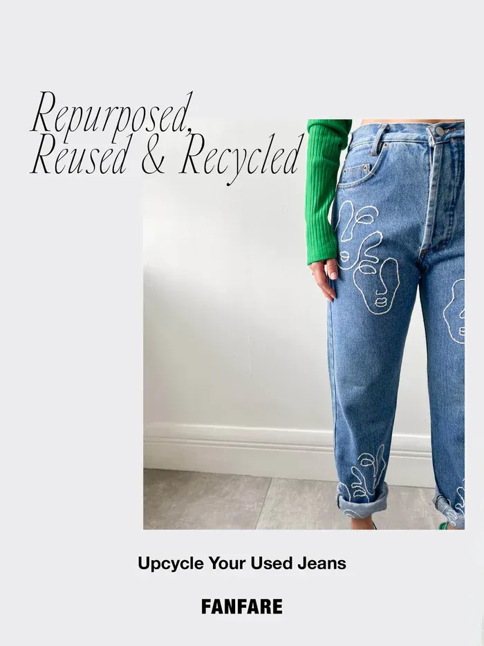 a person is wearing a pair of jeans that have been repurposed and recycled .