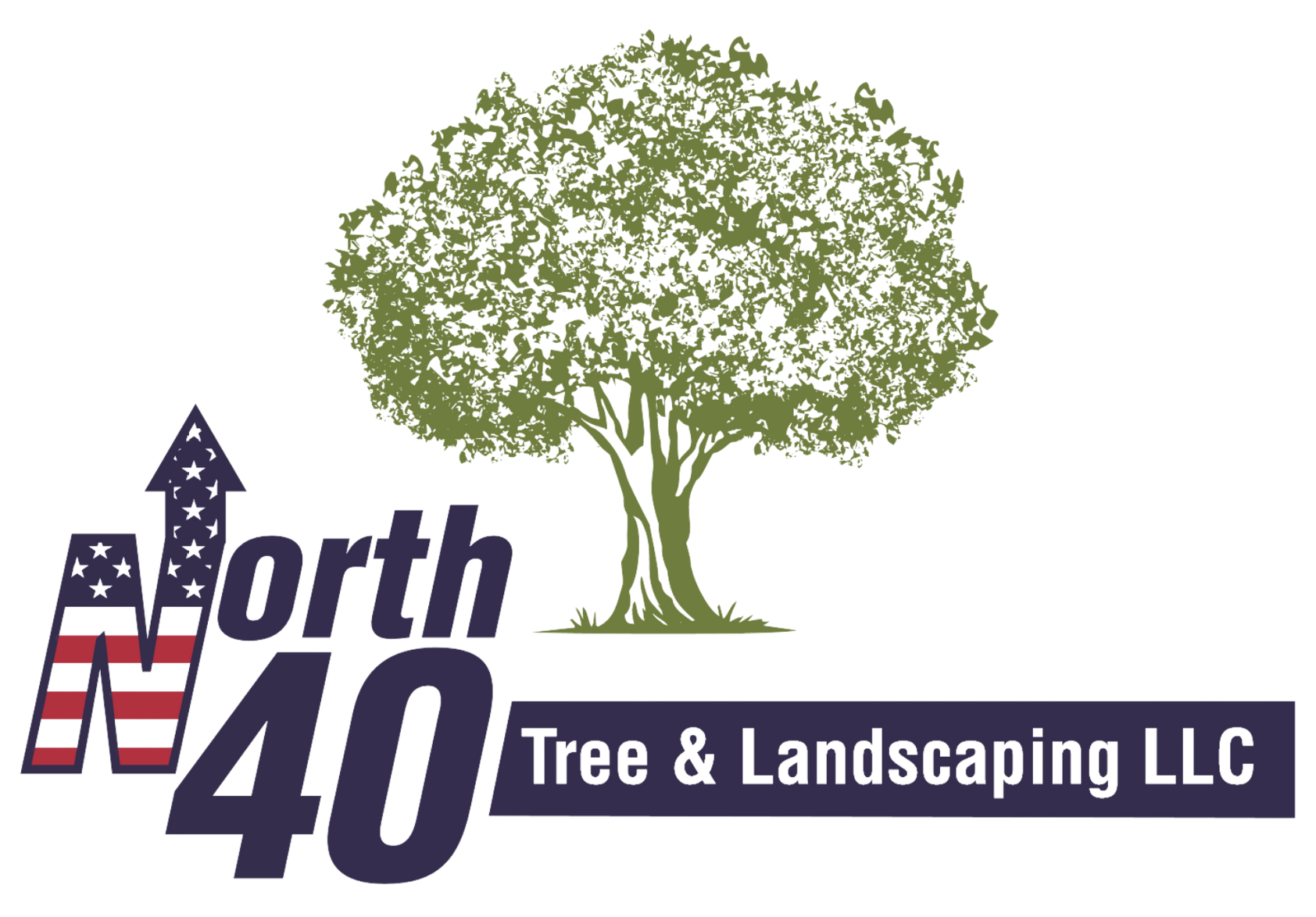 Logo for North 40 Tree and Landscaping featuring a green tree illustration in a circular frame with forest and mountain.