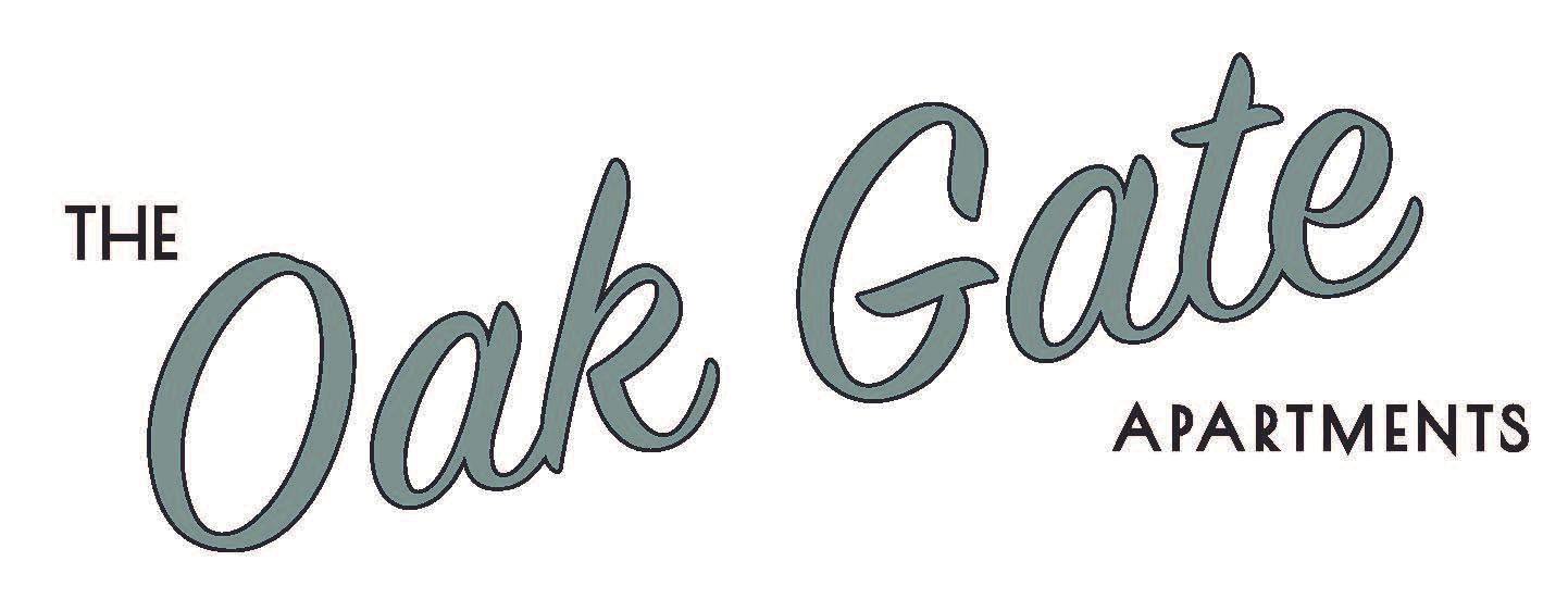 Text logo for "The Oak Gate Apartments" in a grey, stylized script font against a white background.